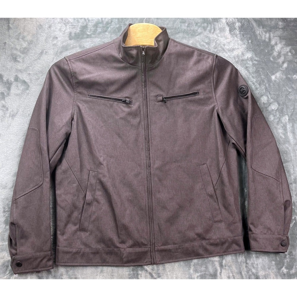 Michael Kors Mens Large Brown Full Zip Racer Jacket Multi Pocket Mock Neck Coat